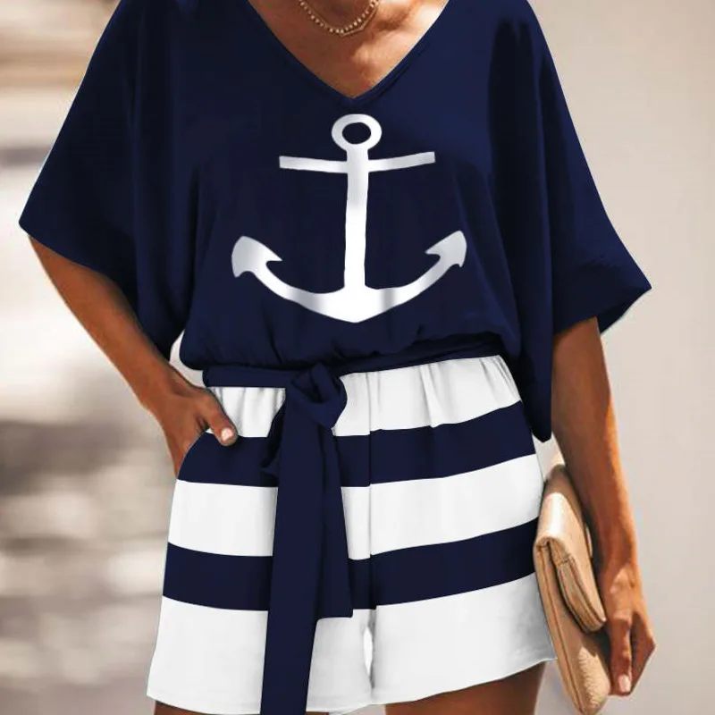 

Women V NeckBoat Anchor Print Plus Size Two Piece Set Tracksuit Women Casual Striped Top & Shorts Set Outfits For Women Wear