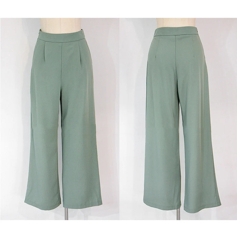 

Elegant 2 Pieces Set Women V-neck Lace Up Tops & High Waist Wide Leg Pants OL Style Solid Female Set