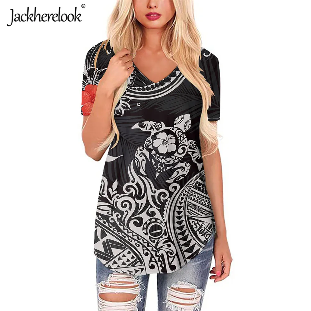 

Jackherelook Harajuku Shirts Black Polynesian Tattoo Turtle Hibiscus Printing Casual Loose Short Sleeve Tops Blouses for Girls