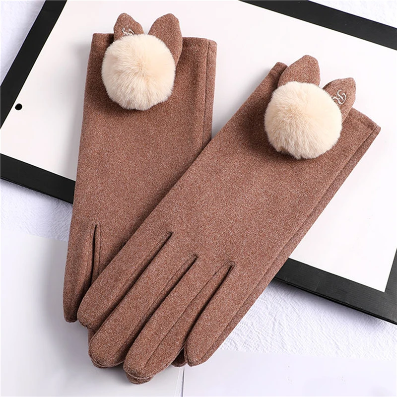 

Gloves Female Winter Plus Velvet Thickened Warm Wool Driving Korean Cute Rex Rabbit Fur Ball Touch Screen Student Cycling Gloves