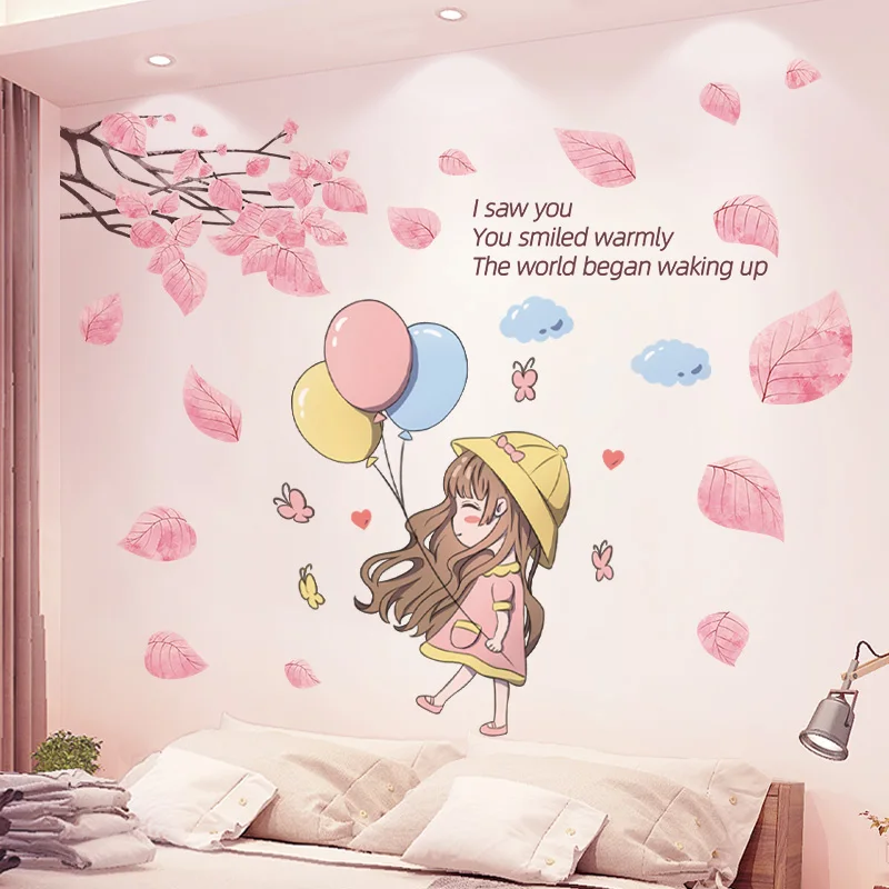 

Cartoon Girl Balloons Wall Stickers DIY Tree Leaves Mural Decals for Kids Rooms Baby Bedroom Kitchen Nursery Home Decoration