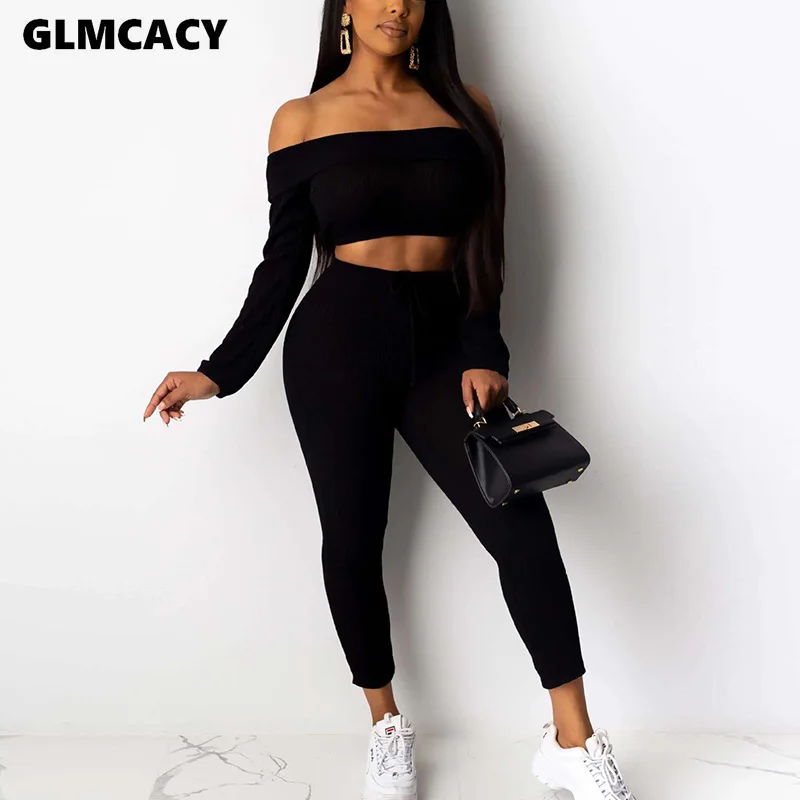 Женский укороченный топ с открытыми плечами + брюки костюмы длинным рукавом и