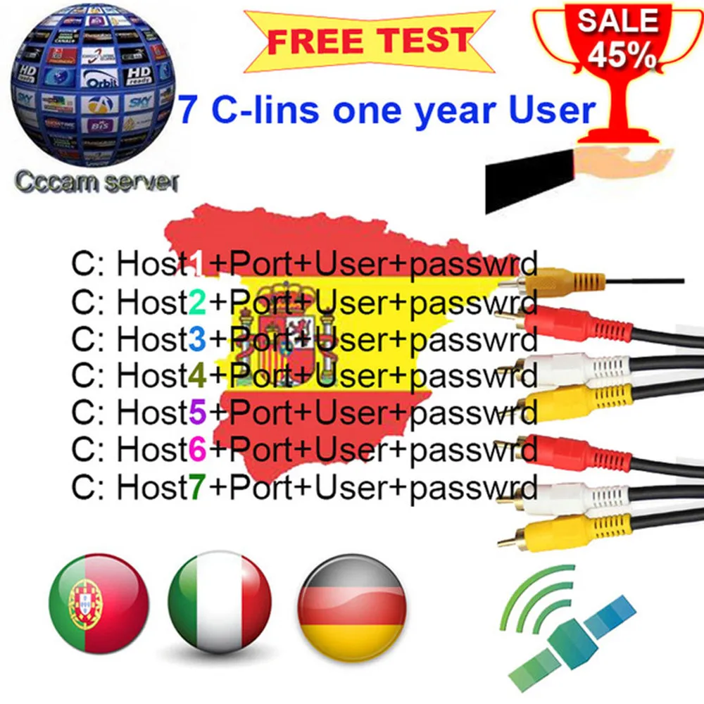 Быстрый и стабильный HD 1 год Cccam 7 линий Клайн сервер для Испании для DVB-S2 USB спутниковый приемник WiFi V8 NOVA, V7S