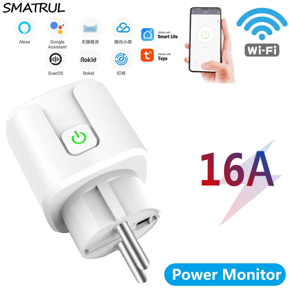 

SMATRUL 16A Tuya Power Monitor WiFi Socket Adaptor EU Plug Wireless Outlet Smart Life APP Voice Timer Google Home Alexa Light