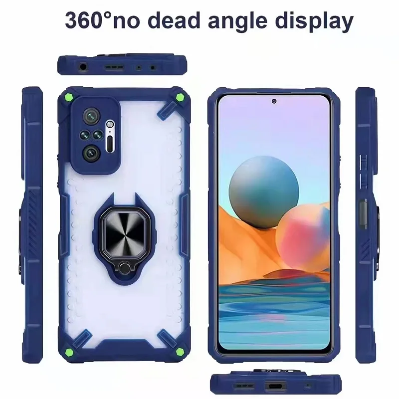 

For Redmi Note 10 Pro Transparent Armor Mobile Phone Cover Soft TPU Frame+Hard PC Backplane Case With Magnetic Ring Holder