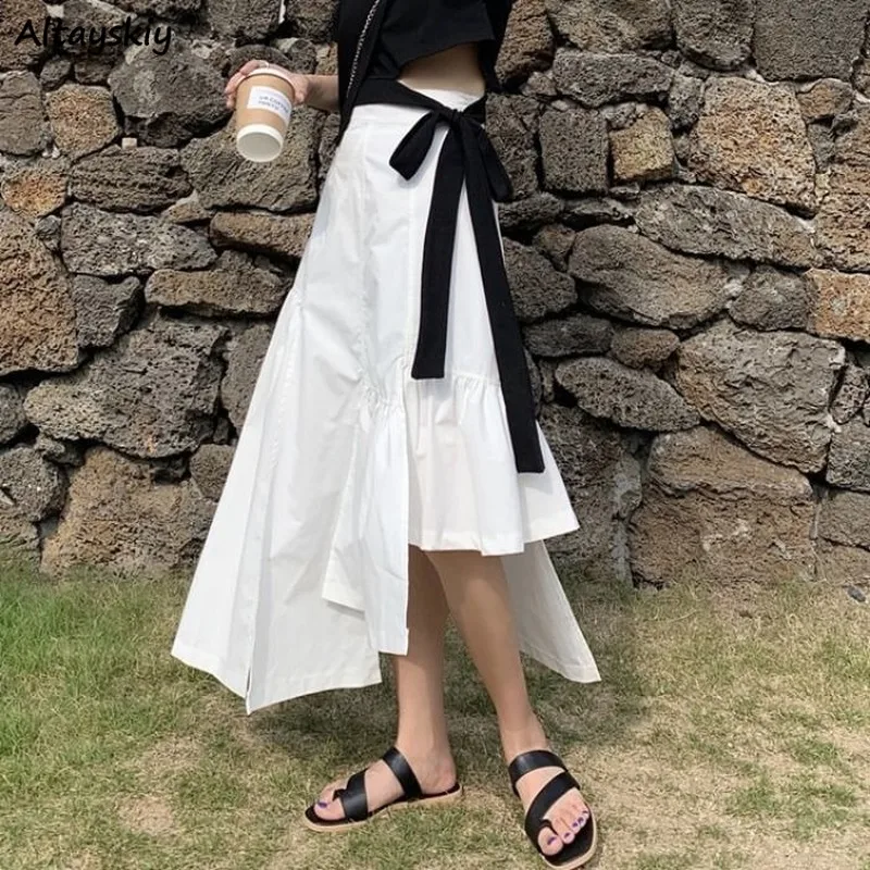 

Solid Skirts Women Irregular Korean Style Chic Trendy Elegant Temperament Slim Ulzzang College Girl Summer Leisure Retro Popular