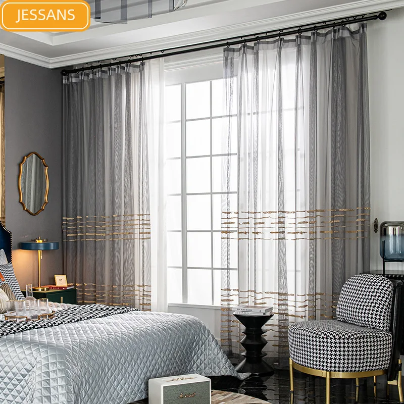 

New Light Luxury Nail Pearl Embroidered White Gauze Curtains for Living Room Bedroom Bay Window Balcony Screen Partition