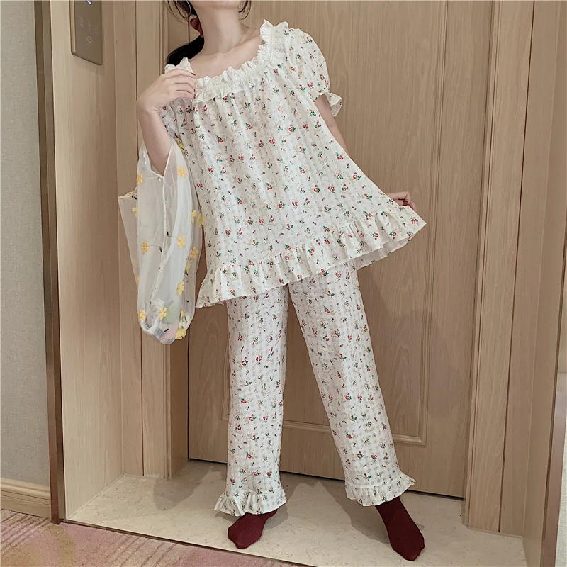 

Homewear Cotton Summer Florals Women 2021 Printed Girls Comfortable Sleepwear All Match Loose Sweet Pajamas Sets