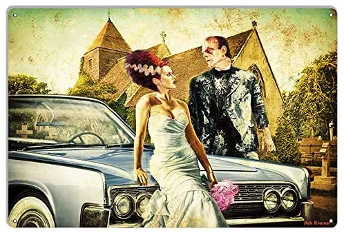 

Frankenstein and His Bride Metal Sign by Artist Bob Kramer 12x16