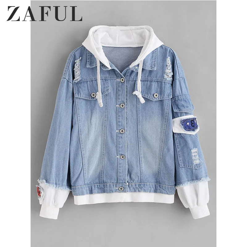Женская джинсовая куртка ZAFUL 2019 свободная с капюшоном пальто женская рваные