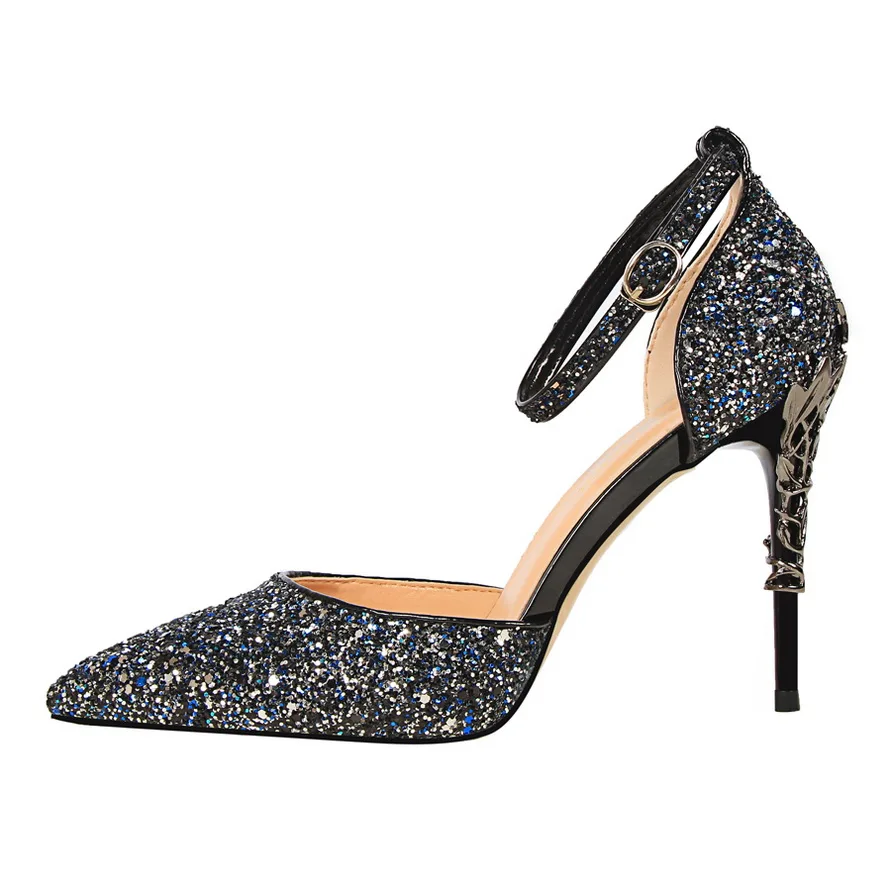 

2018 Korean Sexy Buckle Pointed Toe Wedding Shoes Sequined High Heels Women Pumps Ladies Dress Sandas Shoes DS-B0094
