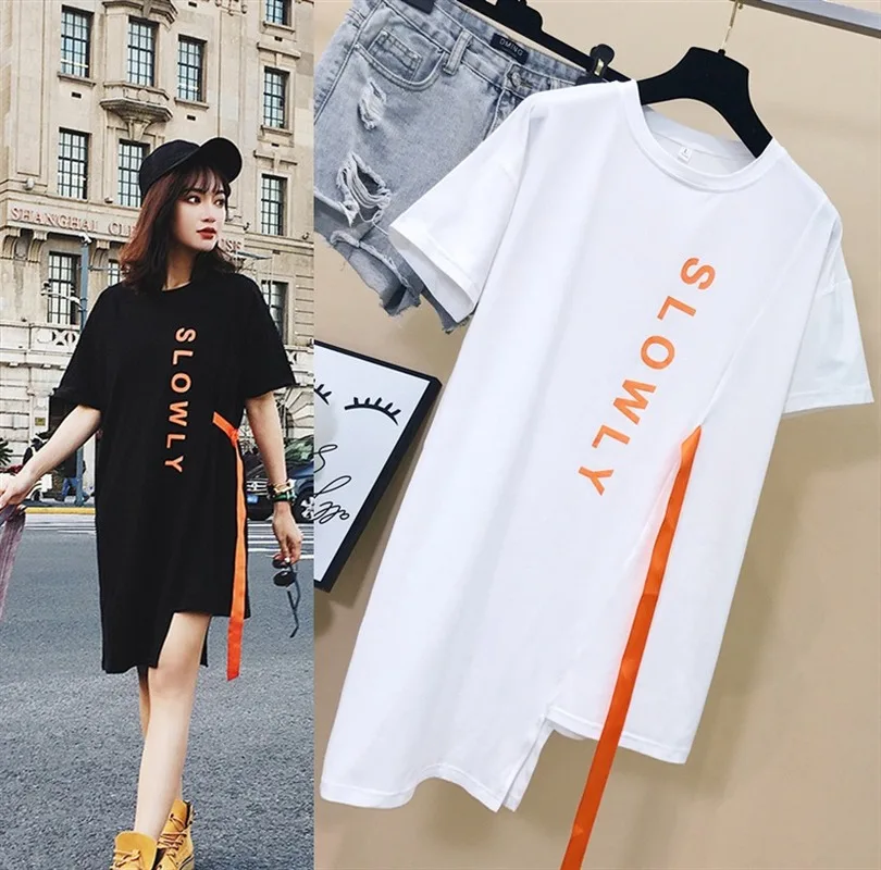 

2020 Summer Loose Letter Round Neck Splicing Korean Version Personality Mix and Match Irregular Medium Short Sleeve T-shirt
