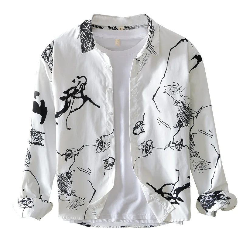 

Мужская рубашка с длинным рукавом и принтом, Повседневная гавайская рубашка в японском стиле, с отложным воротником, уличная одежда, 2020