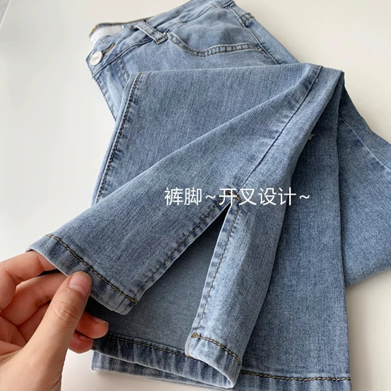 

Women's Jeans Straighting Slim Korean Style Side Slit 9-Point Trouser Summer 2021 Fashion All-Match Denim Long Pants Female