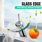 Хромированный полированный стеклянный кран со стеклянным краем, смеситель для раковины в ванной комнате, водопад, для холодной и горячей воды, крепление на раковину