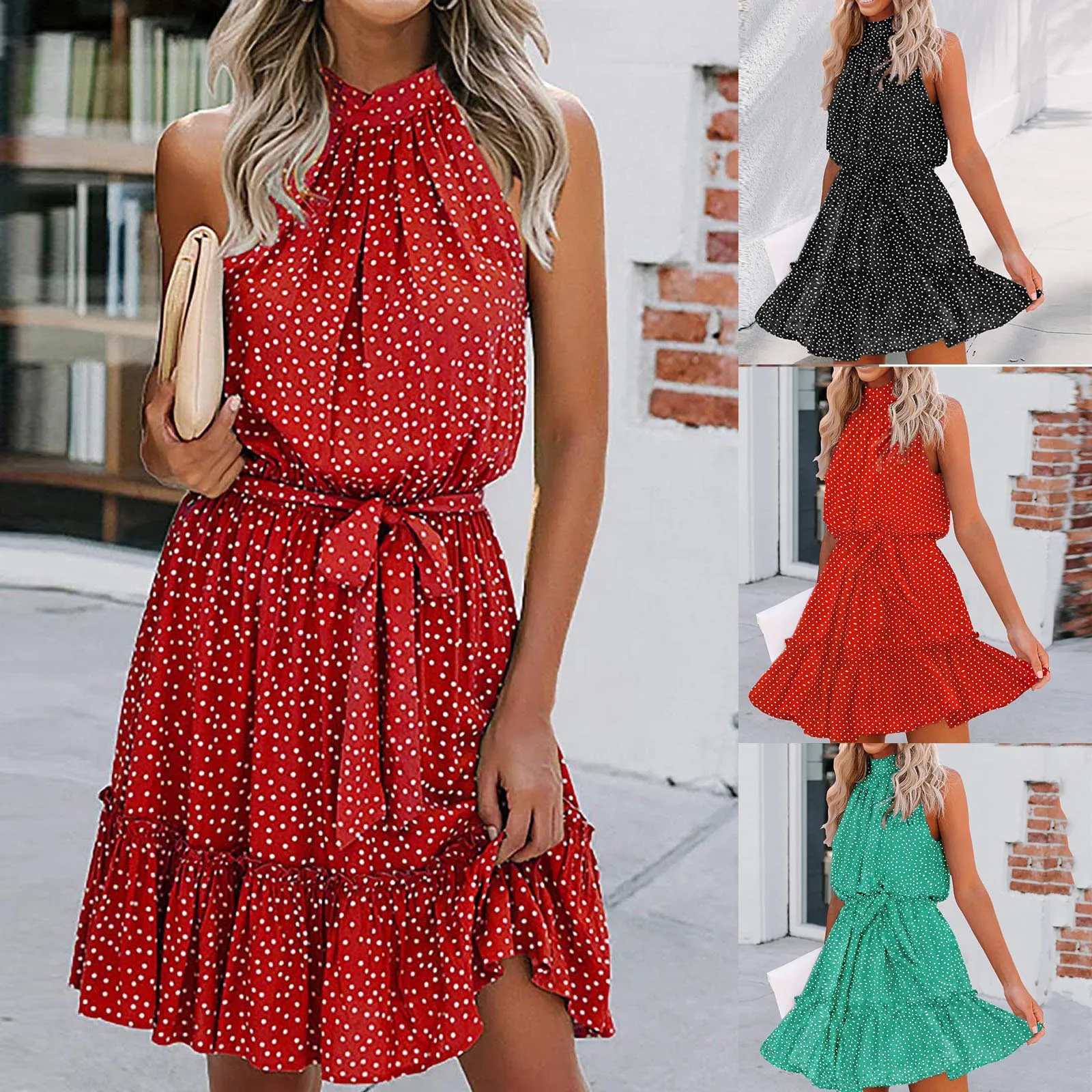 

Fashion Women Polka Dot Printed Summer Dresses Halter Strapless Off Shoulder Ruffle Bandage Lacing Casual Daily Streetwear Dress