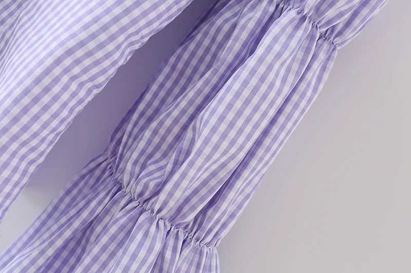 

Splend Moda 2021 Spring Autumn New Purple Plaid Women Bow Flared Sleeves Folds Slim Crop Tops Square Collar Blouse Chic Fashion