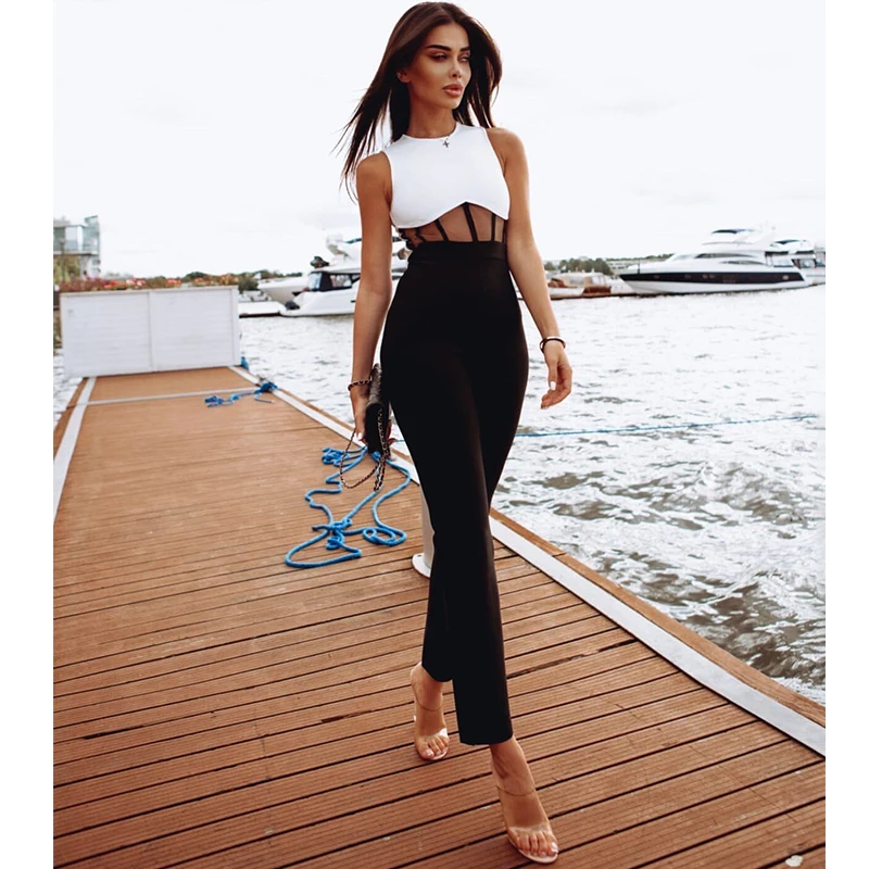

Black White Bandage Jumpsuit High Waist Lace Hollow Black Trousers Stretch Sexy Party Women's Sleeveless Jumpsuits High Quality