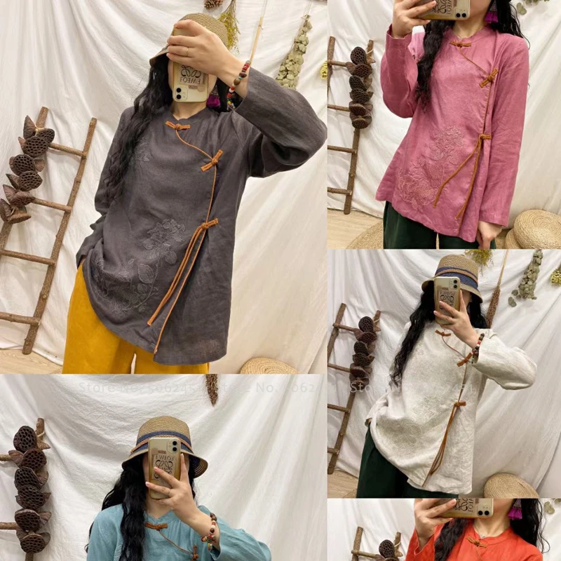 

Women Traditional Chinese Style Embroidery Tops Shirts Lady Casual Loose Linen Blouse Tang Suit Oriental Retro Fashion Clothing