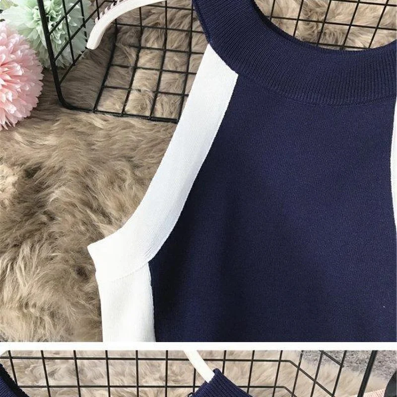 

Retro Dress 2021 New Women Fashion Sexy Halter Slim Sleeveless Vestidos Knitted Summer Stretch Waist Bodycon Dresses Y178