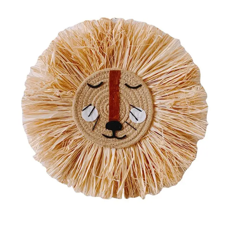 

Hand Woven Cartoon Lion Hanging Decor Cotton Thread Weaving Animal Head Ornament Tapestry For Children Room Bedroom