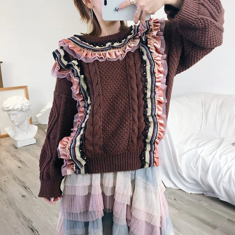 Большой размер большой бисер жемчуг зимний свитер для женщин VintageThicken шерстяной