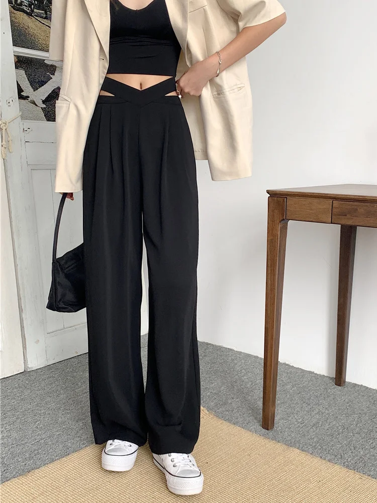 

Black Suit Pants Women's Loose Style plus Size High Waist Show