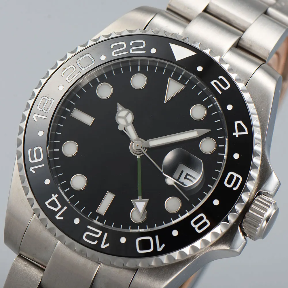 

Solid 43mm black dial ceramic bezel GMT function luminous marks silver color case automatic movement men's wristwatch