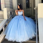 Небесно-голубые платья для девушек 2021 Цветочная Кружевная аппликация милое вечерние нее платье без бретелек бальное платье милые платья