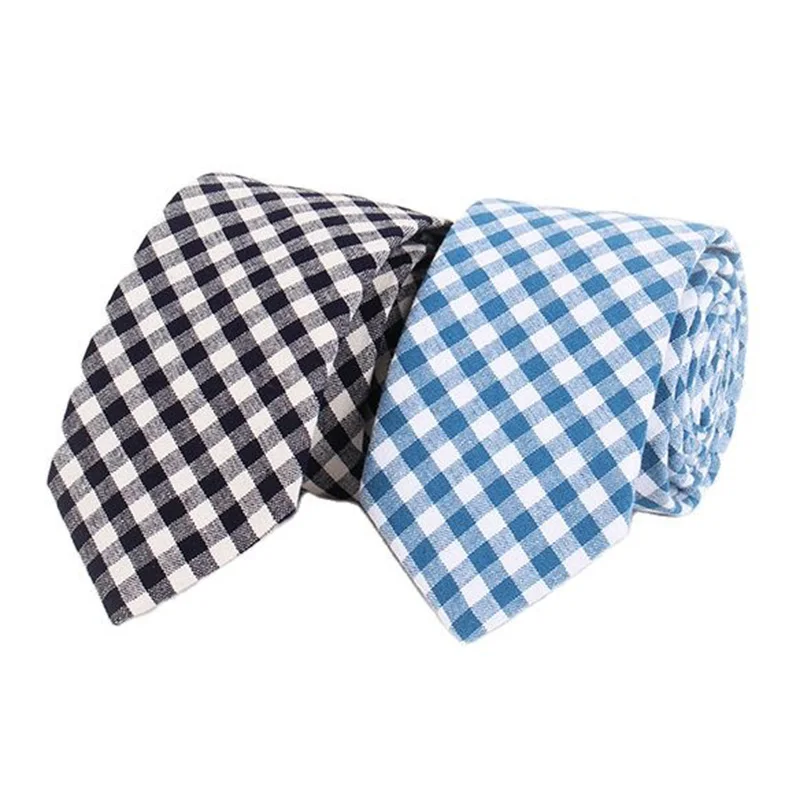 

6.5cm Men's Casual Small Square Slim Cotton Tie Fashion Classical Business Party Blue Black with White Plaid Necktie