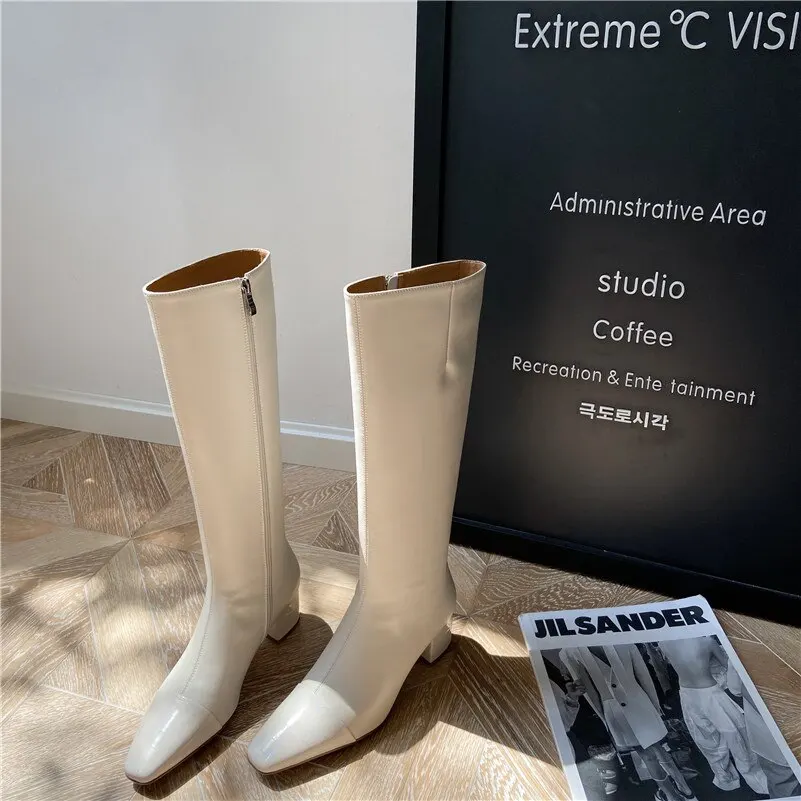 

ANNYMOLI Real Leather Block Heels Knee High Boots Women Shoes Square Toe Zipper High Heel Long Boots Ladies Autumn Winter Beige
