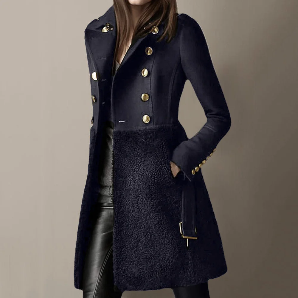 

Patchwork Regular Lapel Women's Overcoat Jacket Slim Black Slim Autumn Winter Woman Coats Button Decor 4XL Office Lady Party Top
