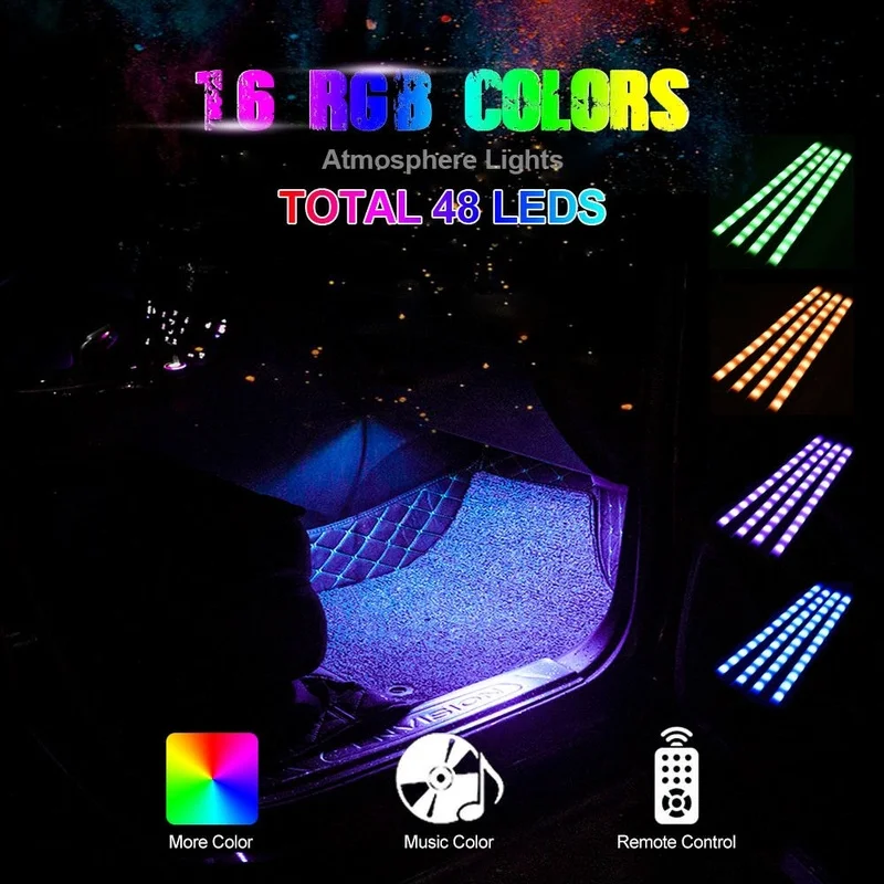 1 комплект 48 светодиосветодиодный автомобисветильник Светодиодная лента 16 RGB