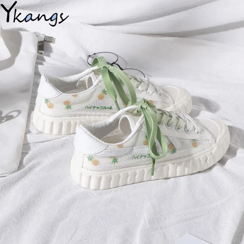 

Breathable Mesh Hollow Fruit Print Canvas Shoes Korean All-match Low-cut Women's White Shoes Ladies Casual Flat Lace-up Sneakers