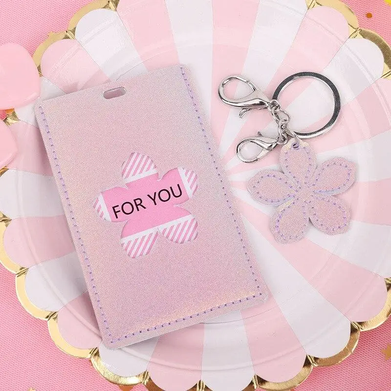

Flower Pattern PU ID Card Holder with Key Ring Fashion Gradient Color Hollow-out Employee's ID Work Card Holder Office Supplies