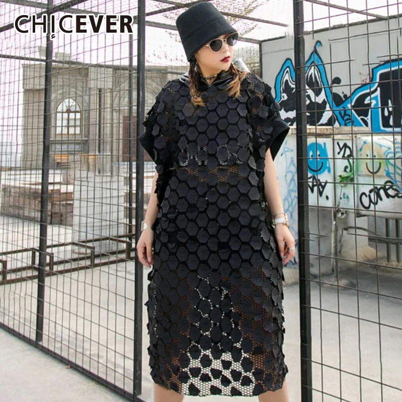

CHICEVER Patchwork Hollow Out Dress For Female Hooded Short Sleeve Perspective Oversize Loose Midi Dresses Women 2020 Clothes