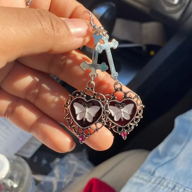 

New Creative Cross Love Butterfly Earrings Exaggerated Personality Vintage Heart Dangle Earrings For Women Jewelry Accessories