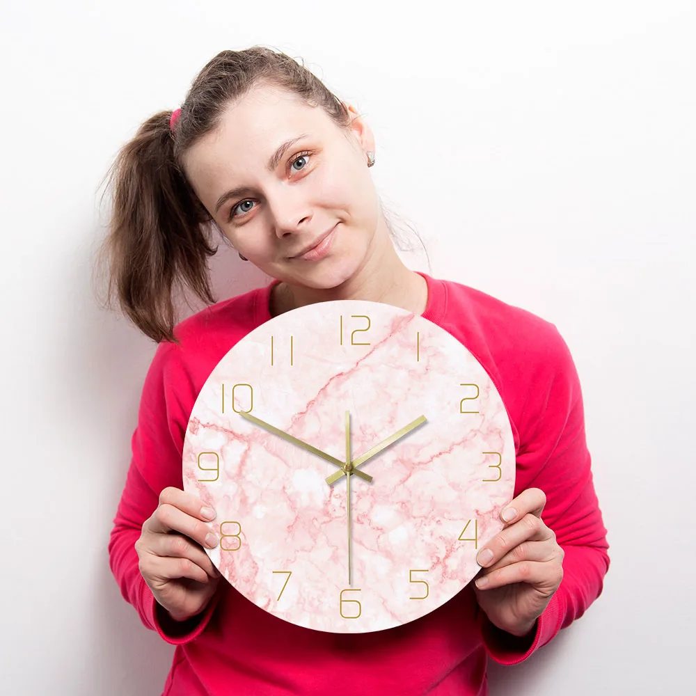 Круглые Настенные часы из натурального розового мрамора тихие не декор для