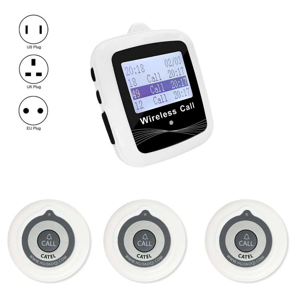 CATEL 1 Watch Receiver 3 Call Button Pager Wireless 433.92mhz Multiple Language for Restaurant Calling Paging, Hotel, Buzzer