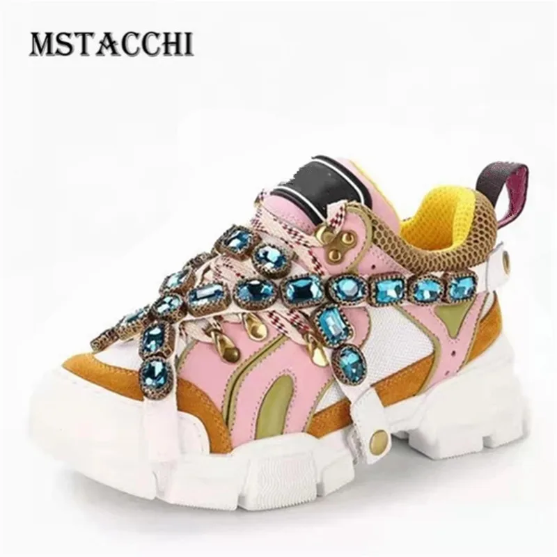 

Женские кроссовки для отдыха, дышащие кожаные кроссовки разных цветов на толстой подошве, со шнуровкой и большой цепочкой, новинка 2021