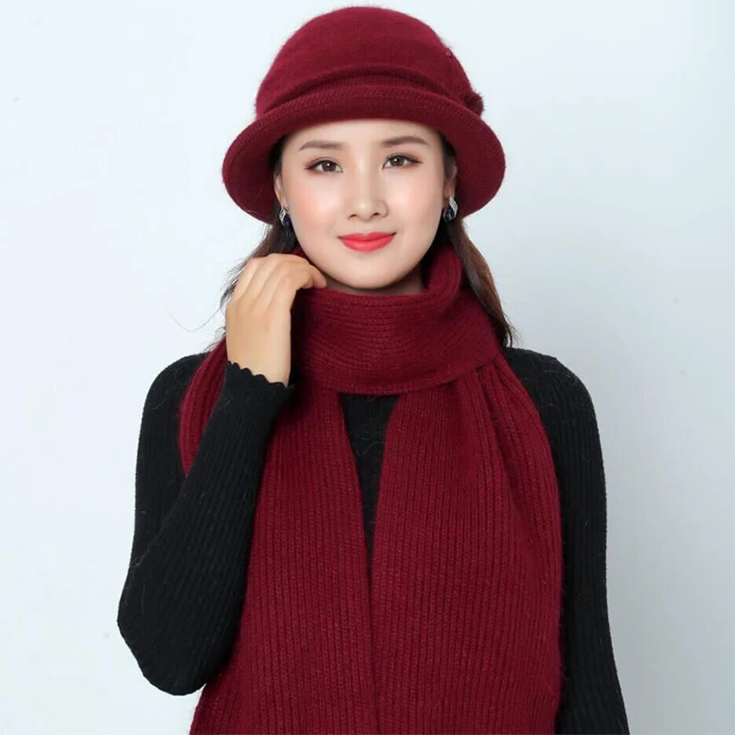 Зимняя шляпа для мамы и шарф набор женщин шапка из кроличьего меха шарфов зимняя