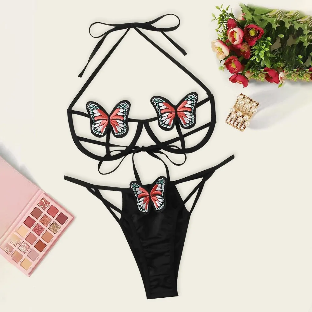 Women Sexy Butterfly Lingerie Set Hollow Out Bra Party Sets Black 2 Piece 2020 Female Push Up Lingeries Dropship Z | Женская одежда