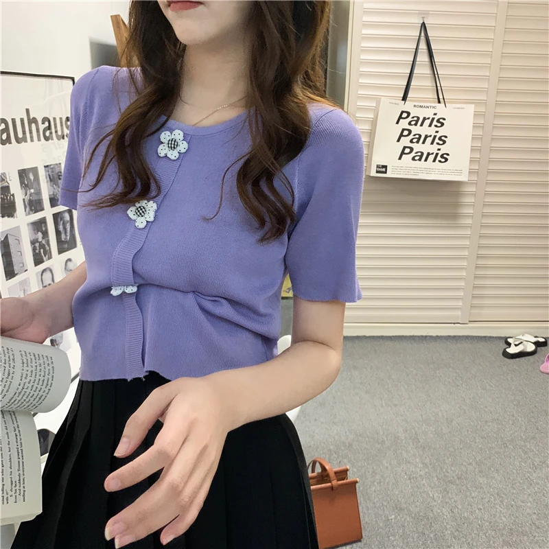 

Knitted O-Neck Sweater Women Korean T-Shirt Short Sleeve Slim Tee Shirts Ladies 2021 Summer Casual Fashion T Shirts Female Tops