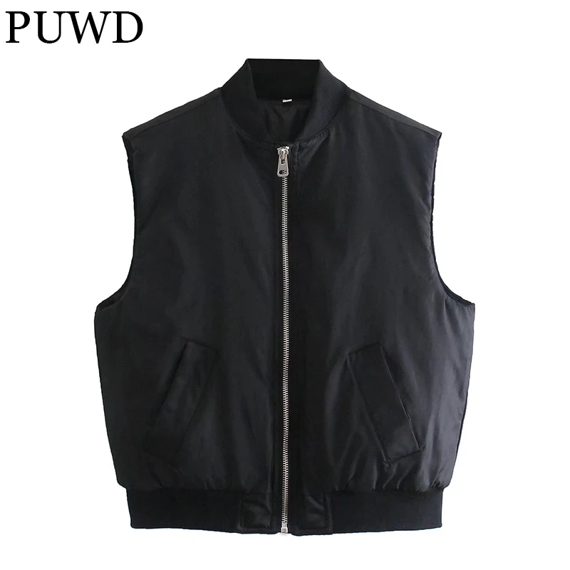 

PUWD Retro Women Cotton-padded Vest Jacket 2021Autumn Winter Casual Pocket Oversize Solid Parka Loose Zipper Female Chic Outwear