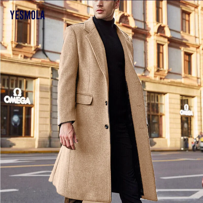 

YESMOLA Autumn Winter Mens Coat Solid Long Sleeve Woolen Jackets Fleece Men Overcoat Streetwear Fashion Long Trench Outerwear