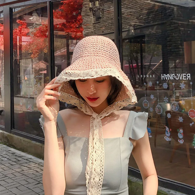 

Princess Hat Women's Summer Princess Straw Lace Strap Sun Cap Bucket Hat Outdoor Sunscreen Travel Lace Chapeau Sun Prevent Hats