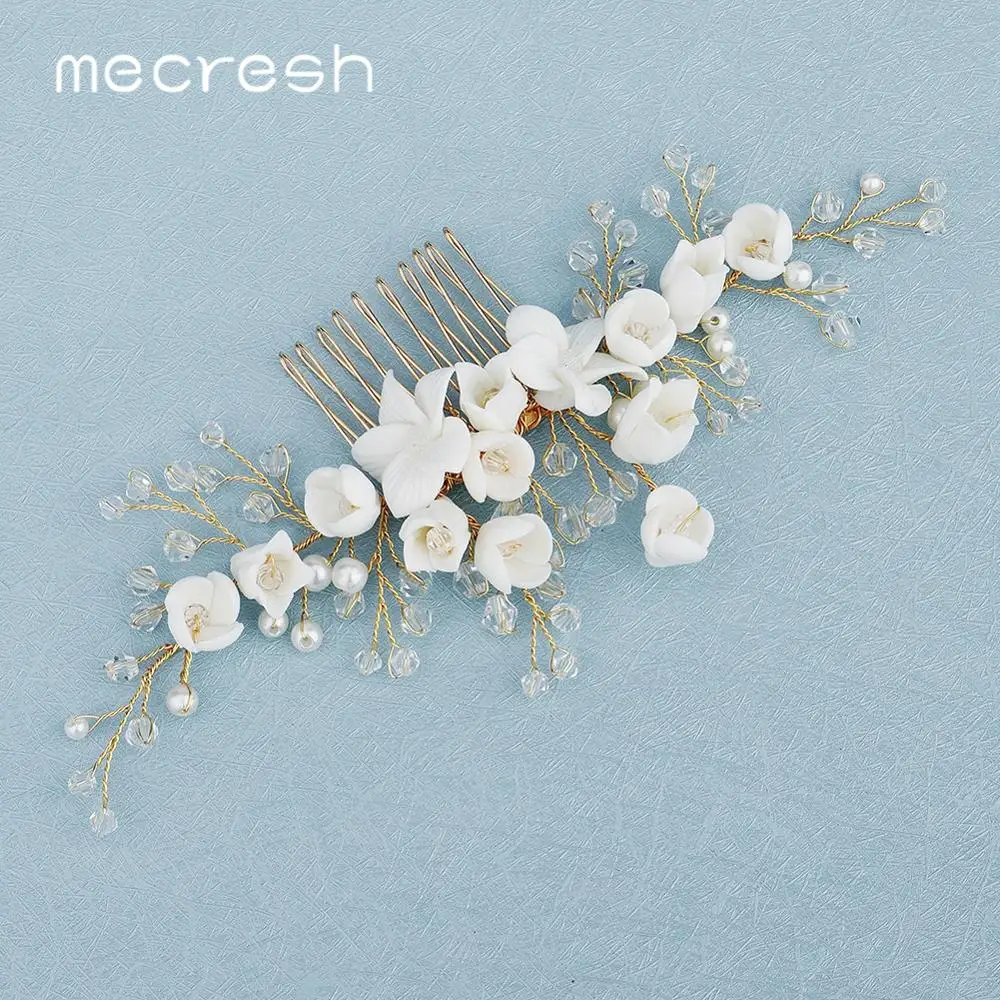 Mecresh White Flower Beads Wedding Hair Accessories Comb Gold Color Handmade Women Bridal Headpiece Ornaments FS334 | Украшения и