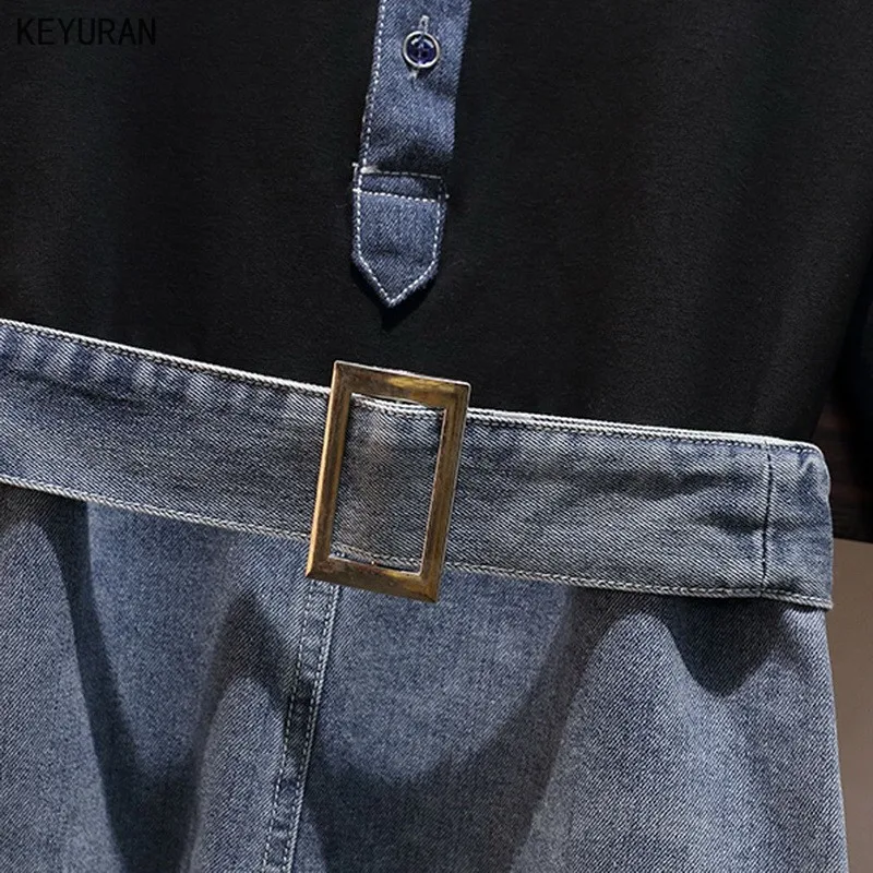 Лоскутное джинсовое женское платье с длинным рукавом средняя талия поясом