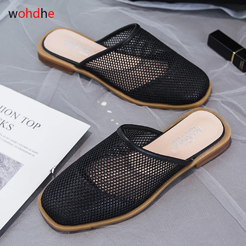 

wohdhe Casual Mesh Women Slippers Hollow Out Low Heels Slip On Summer Shoes Women Slides