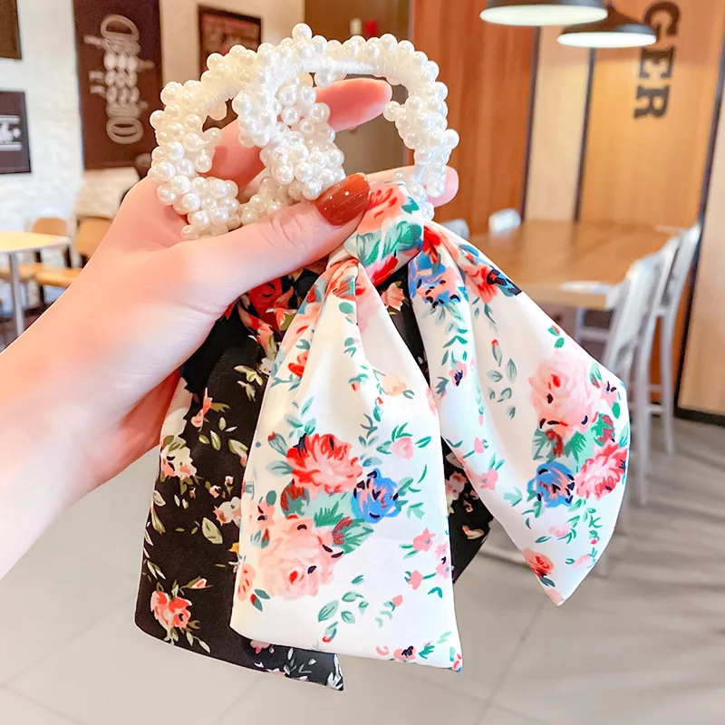 

Elegant Pearl Floral Print Bow Satin Ribbon Ponytail Scarf Hair Tie Scrunchies Women Girls Elastic Hair Bands Hair Accessories